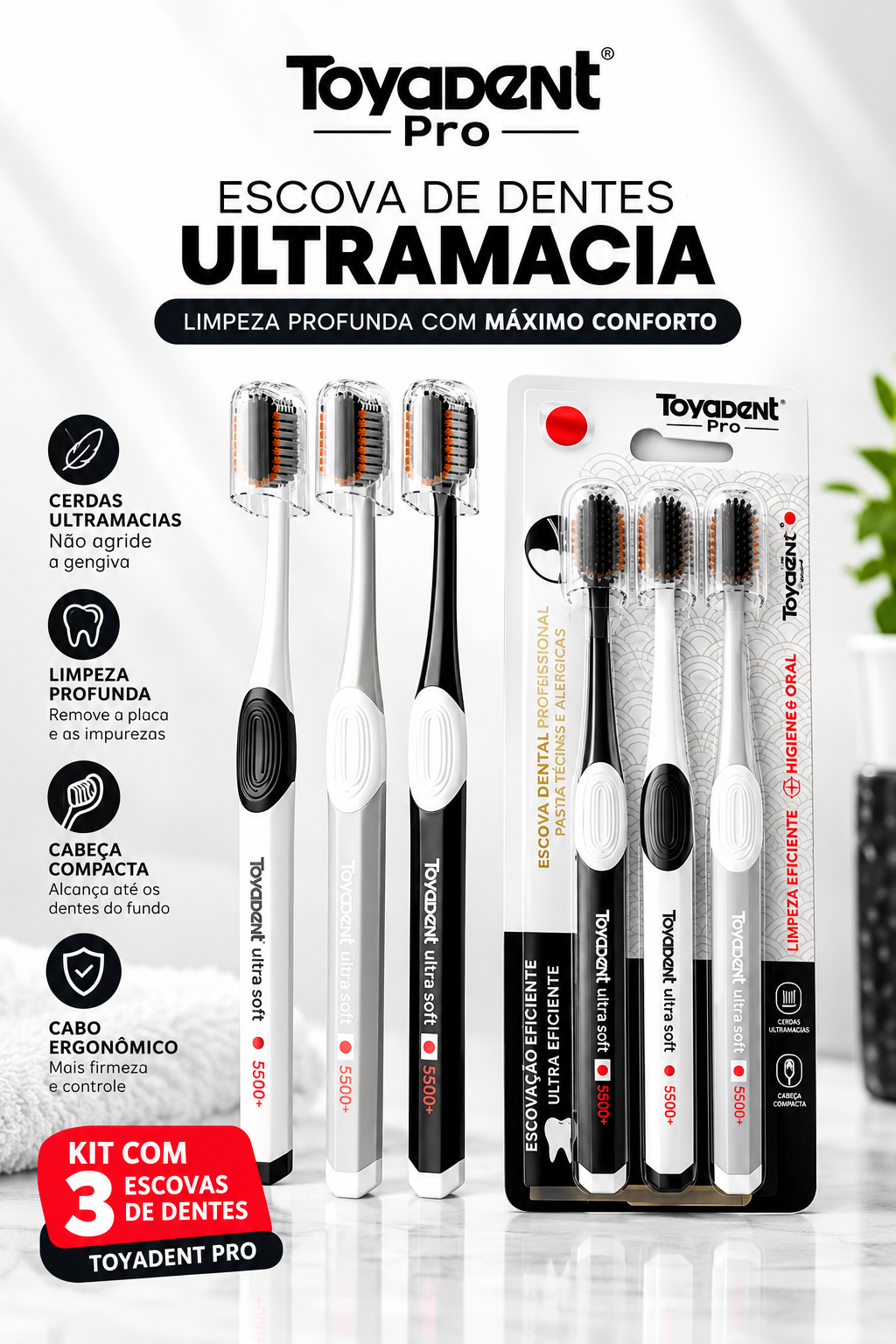 Combo 3 Escovas de Dentes Toyadent Pro Ultramacias